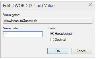 تغییر نام به AllowInsecureGuestAuth و Value برابر 1