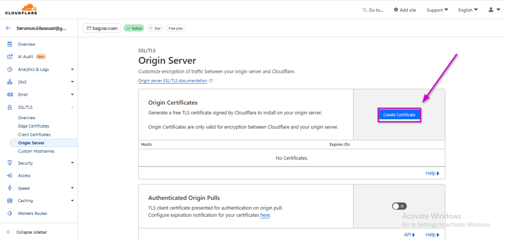 Create Certificate in cloudflare